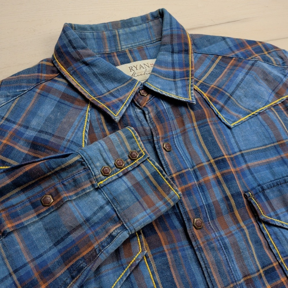 Ryan Michael Western‎ Flannel Shirt Mens XL Metal Snap Buttons Blue Indigo Plaid